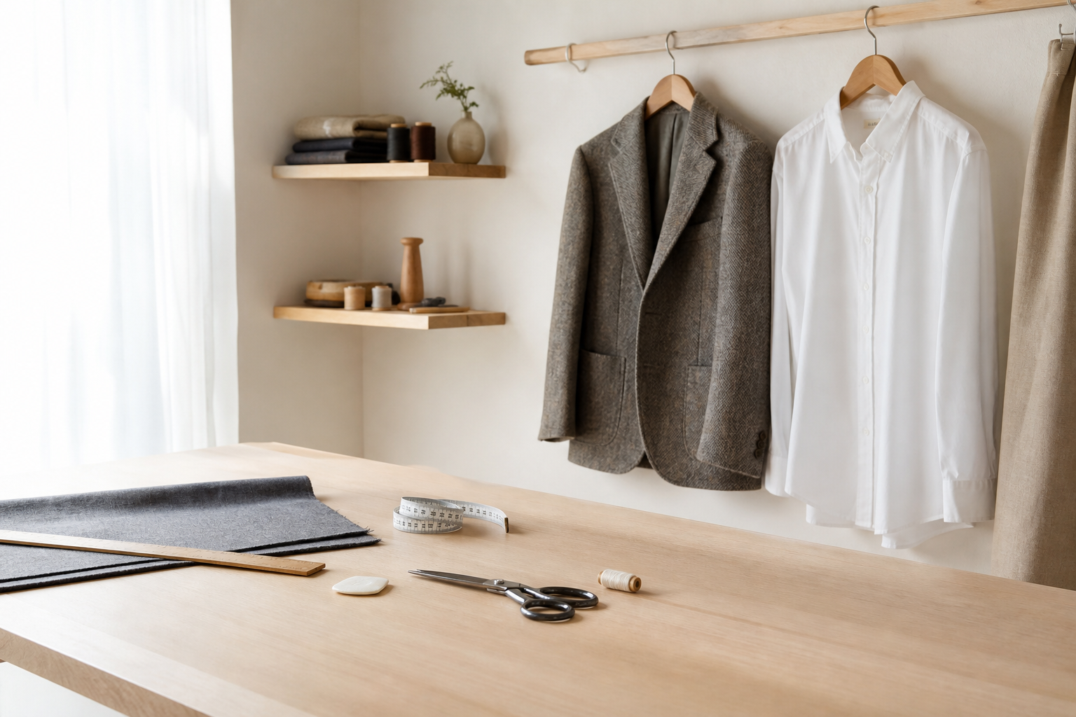 明るく清潔な仕立て・お直し工房のインテリア。作業台と整えられた衣服が並ぶイメージ